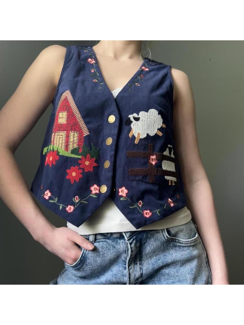Embroidered sheep and cottagecore vest